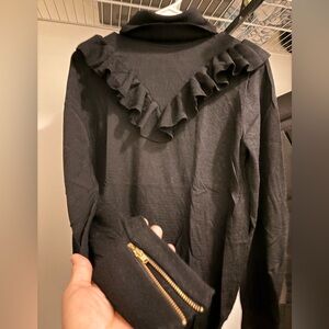 J. Crew Ruffled Mockneck Sweater with Gold Zip Cuffs - Black - Size M